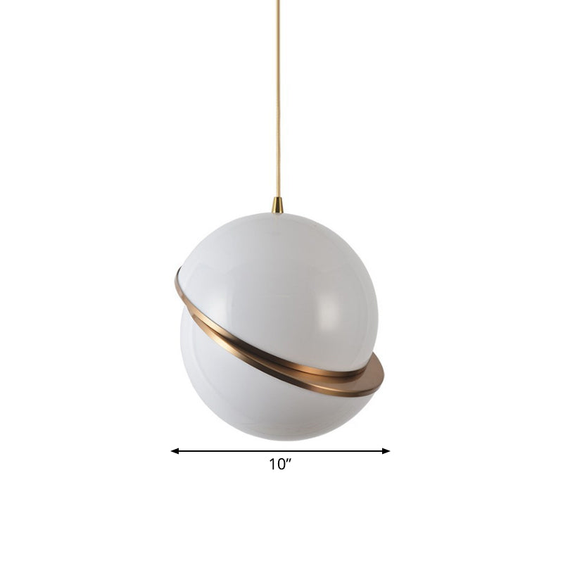 Sliced Sphere Gallery Hanging Lamp Frosted White Glass 8"/10"/12" W Single-Bulb Postmodern Ceiling Pendant in Brass Clearhalo 'Ceiling Lights' 'Modern Pendants' 'Modern' 'Pendant Lights' 'Pendants' Lighting' 1936885