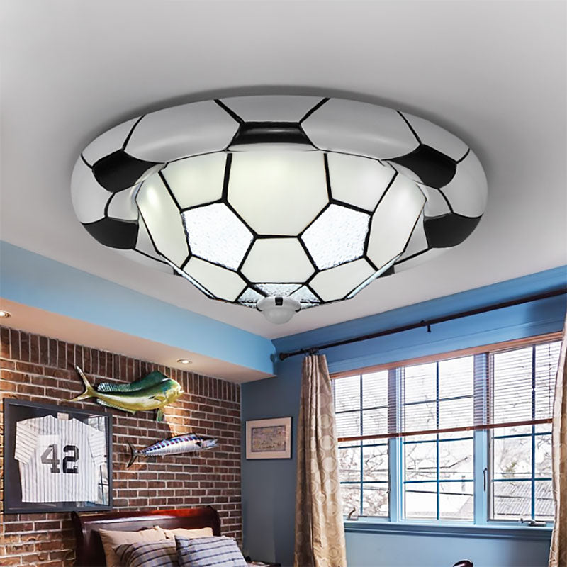 Glass Football Shade Ceiling Light Tiffany Style Flush Mount Light in White for Child Bedroom Clearhalo 'Ceiling Lights' 'Close To Ceiling Lights' 'Close to ceiling' 'Flush mount' Lighting' 193691