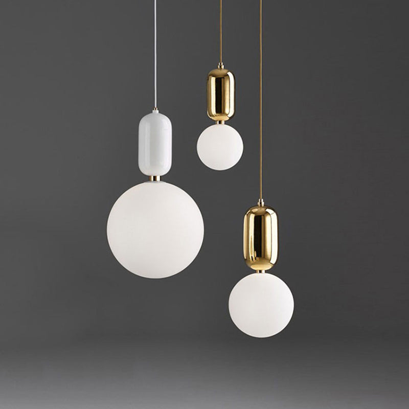 Postmodern 1-Light Pendant Lamp White/Gold Capsule Ceiling Hang Lamp with Milky Ball Glass Shade, 6"/8"/12" Dia Clearhalo 'Ceiling Lights' 'Modern Pendants' 'Modern' 'Pendant Lights' 'Pendants' Lighting' 1936924