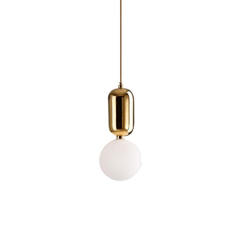 Postmodern 1-Light Pendant Lamp White/Gold Capsule Ceiling Hang Lamp with Milky Ball Glass Shade, 6"/8"/12" Dia Gold 6" Clearhalo 'Ceiling Lights' 'Modern Pendants' 'Modern' 'Pendant Lights' 'Pendants' Lighting' 1936925