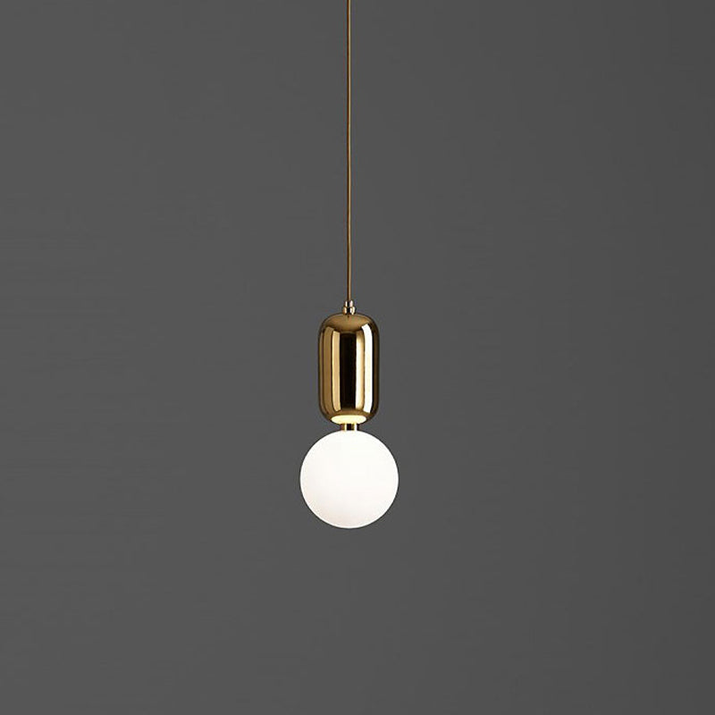 Postmodern 1-Light Pendant Lamp White/Gold Capsule Ceiling Hang Lamp with Milky Ball Glass Shade, 6"/8"/12" Dia Clearhalo 'Ceiling Lights' 'Modern Pendants' 'Modern' 'Pendant Lights' 'Pendants' Lighting' 1936926