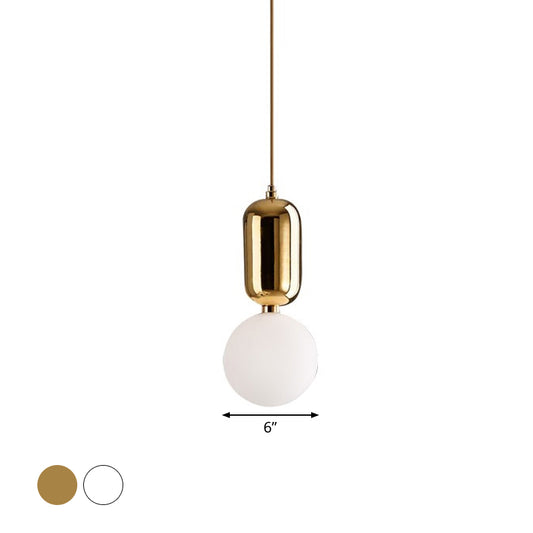 Postmodern 1-Light Pendant Lamp White/Gold Capsule Ceiling Hang Lamp with Milky Ball Glass Shade, 6"/8"/12" Dia Clearhalo 'Ceiling Lights' 'Modern Pendants' 'Modern' 'Pendant Lights' 'Pendants' Lighting' 1936927