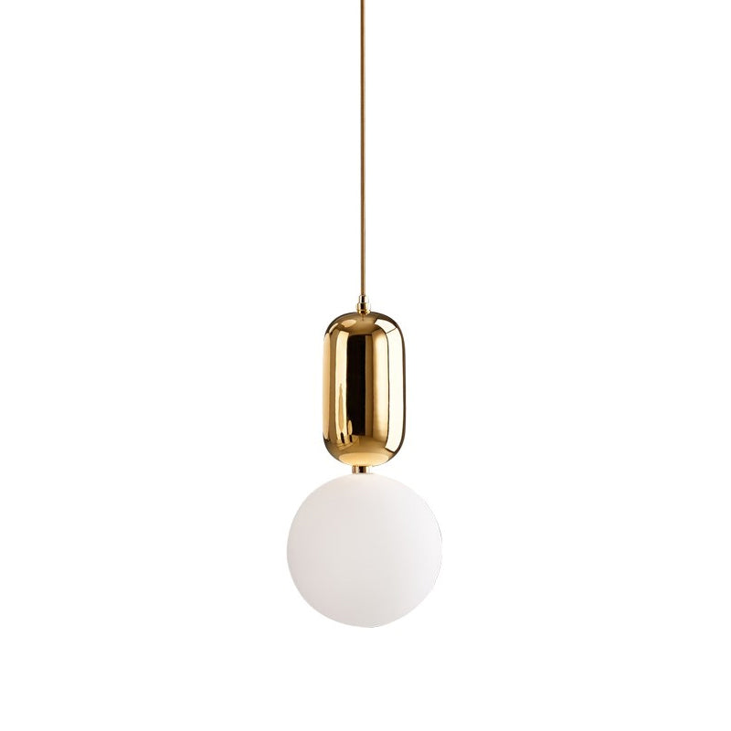 Postmodern 1-Light Pendant Lamp White/Gold Capsule Ceiling Hang Lamp with Milky Ball Glass Shade, 6"/8"/12" Dia Gold Clearhalo 'Ceiling Lights' 'Modern Pendants' 'Modern' 'Pendant Lights' 'Pendants' Lighting' 1936928