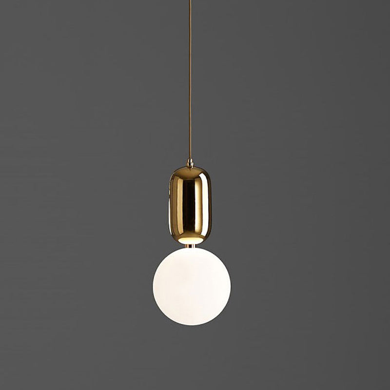 Postmodern 1-Light Pendant Lamp White/Gold Capsule Ceiling Hang Lamp with Milky Ball Glass Shade, 6"/8"/12" Dia Clearhalo 'Ceiling Lights' 'Modern Pendants' 'Modern' 'Pendant Lights' 'Pendants' Lighting' 1936929