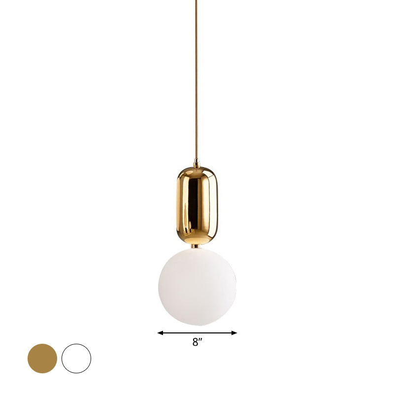 Postmodern 1-Light Pendant Lamp White/Gold Capsule Ceiling Hang Lamp with Milky Ball Glass Shade, 6"/8"/12" Dia Clearhalo 'Ceiling Lights' 'Modern Pendants' 'Modern' 'Pendant Lights' 'Pendants' Lighting' 1936930