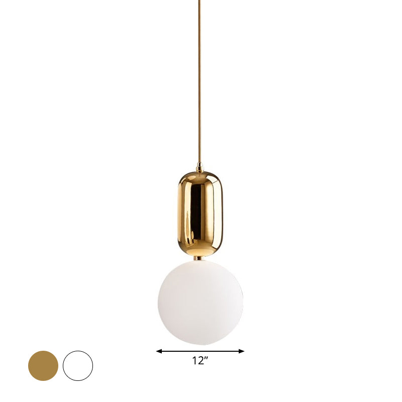 Postmodern 1-Light Pendant Lamp White/Gold Capsule Ceiling Hang Lamp with Milky Ball Glass Shade, 6"/8"/12" Dia Clearhalo 'Ceiling Lights' 'Modern Pendants' 'Modern' 'Pendant Lights' 'Pendants' Lighting' 1936931