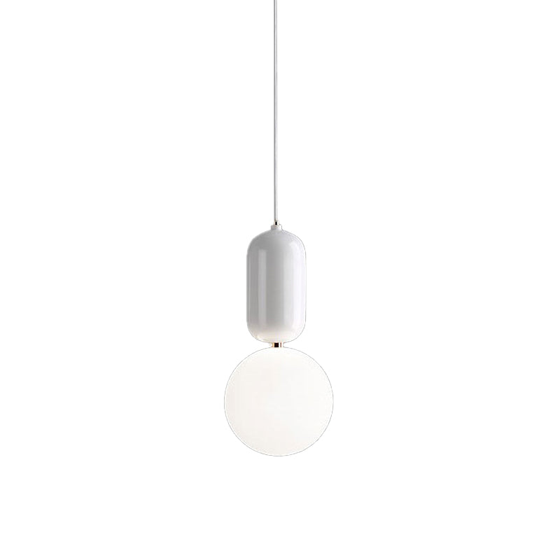 Postmodern 1-Light Pendant Lamp White/Gold Capsule Ceiling Hang Lamp with Milky Ball Glass Shade, 6"/8"/12" Dia White 6" Clearhalo 'Ceiling Lights' 'Modern Pendants' 'Modern' 'Pendant Lights' 'Pendants' Lighting' 1936932