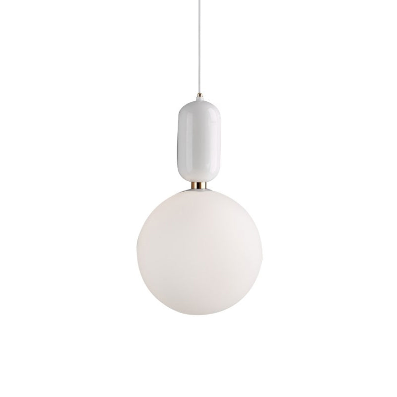 Postmodern 1-Light Pendant Lamp White/Gold Capsule Ceiling Hang Lamp with Milky Ball Glass Shade, 6"/8"/12" Dia White Clearhalo 'Ceiling Lights' 'Modern Pendants' 'Modern' 'Pendant Lights' 'Pendants' Lighting' 1936934