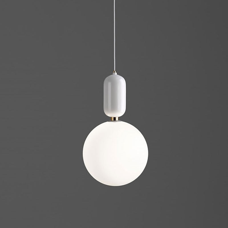 Postmodern 1-Light Pendant Lamp White/Gold Capsule Ceiling Hang Lamp with Milky Ball Glass Shade, 6"/8"/12" Dia Clearhalo 'Ceiling Lights' 'Modern Pendants' 'Modern' 'Pendant Lights' 'Pendants' Lighting' 1936935