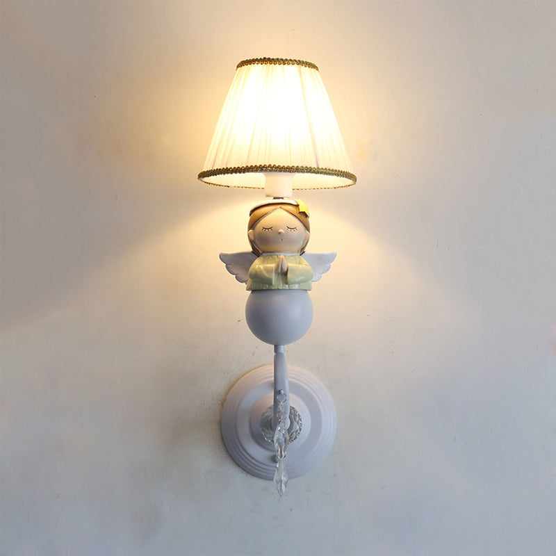 Modern Tapered Shade Wall Light with Doll Deco and Crystal 1 Light Fabric Sconce Lamp in White for Hallway White A Clearhalo 'Wall Lamps & Sconces' 'Wall Lights' Lighting' 193695