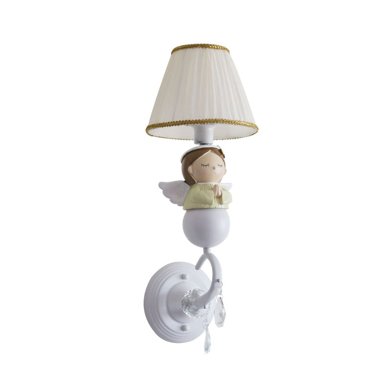 Modern Tapered Shade Wall Light with Doll Deco and Crystal 1 Light Fabric Sconce Lamp in White for Hallway Clearhalo 'Wall Lamps & Sconces' 'Wall Lights' Lighting' 193697