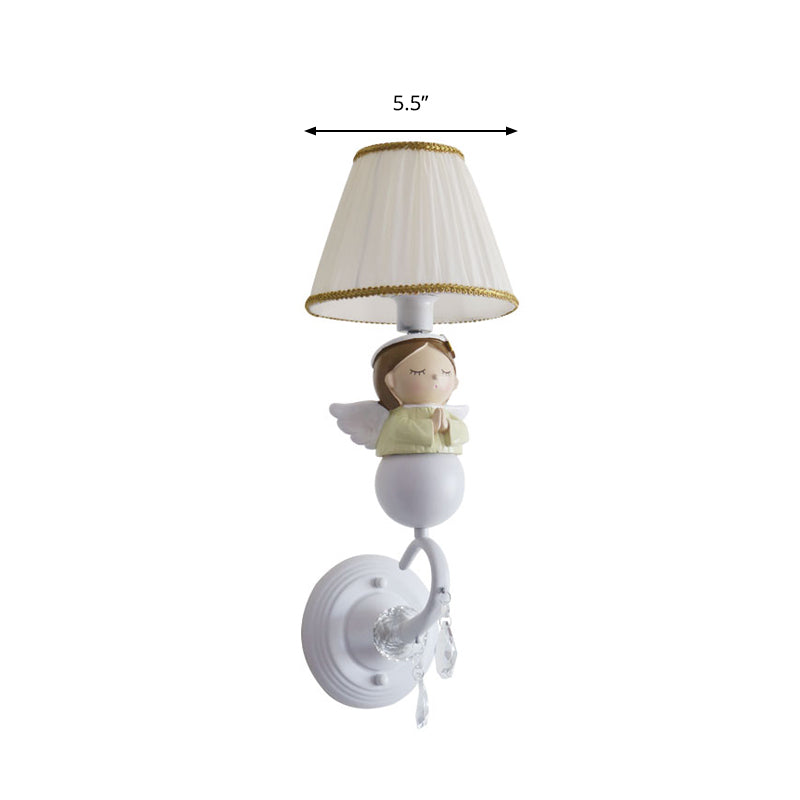 Modern Tapered Shade Wall Light with Doll Deco and Crystal 1 Light Fabric Sconce Lamp in White for Hallway Clearhalo 'Wall Lamps & Sconces' 'Wall Lights' Lighting' 193698