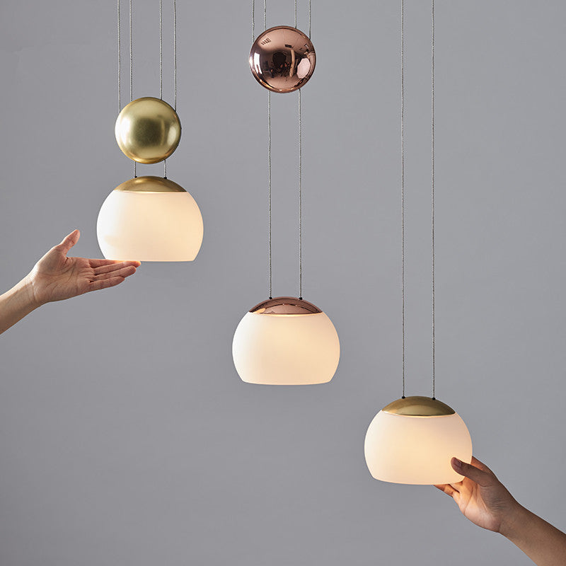 Hemisphere Frosted Glass Pendant Light Kit Novelty Postmodern Single Rose Gold/Gold Ceiling Hang Light with Mobile Ball Gold Clearhalo 'Ceiling Lights' 'Modern Pendants' 'Modern' 'Pendant Lights' 'Pendants' Lighting' 1936988