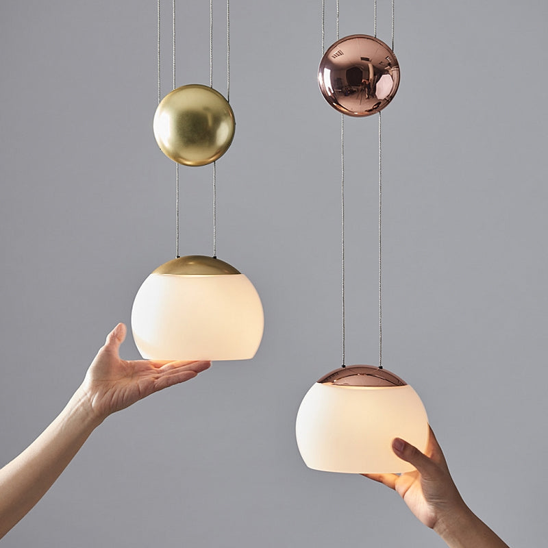 Hemisphere Frosted Glass Pendant Light Kit Novelty Postmodern Single Rose Gold/Gold Ceiling Hang Light with Mobile Ball Clearhalo 'Ceiling Lights' 'Modern Pendants' 'Modern' 'Pendant Lights' 'Pendants' Lighting' 1936989