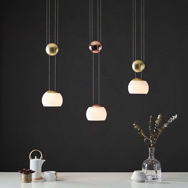 Hemisphere Frosted Glass Pendant Light Kit Novelty Postmodern Single Rose Gold/Gold Ceiling Hang Light with Mobile Ball Clearhalo 'Ceiling Lights' 'Modern Pendants' 'Modern' 'Pendant Lights' 'Pendants' Lighting' 1936993