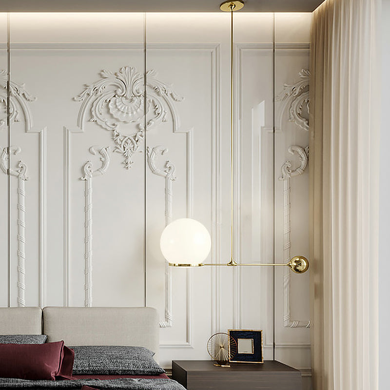 Globe Hotel Ceiling Suspension Lamp Frosted White Glass 1 Head Postmodern Drop Pendant with Lever Design in Black/Gold Clearhalo 'Ceiling Lights' 'Modern Pendants' 'Modern' 'Pendant Lights' 'Pendants' Lighting' 1937014