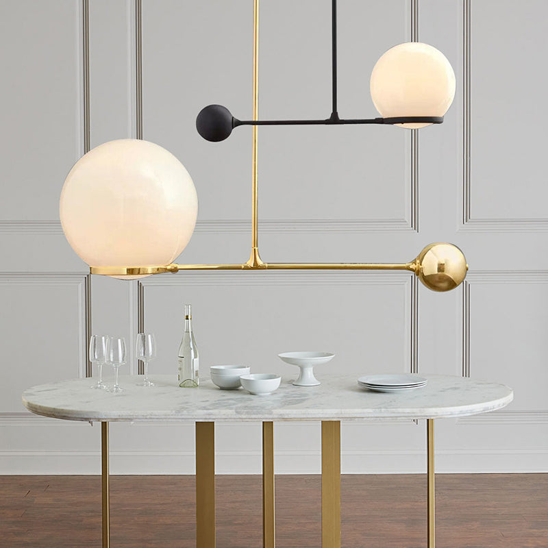 Globe Hotel Ceiling Suspension Lamp Frosted White Glass 1 Head Postmodern Drop Pendant with Lever Design in Black/Gold Clearhalo 'Ceiling Lights' 'Modern Pendants' 'Modern' 'Pendant Lights' 'Pendants' Lighting' 1937018