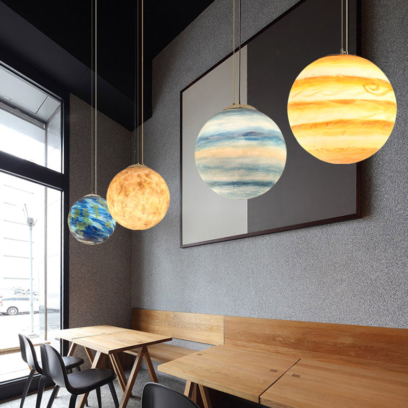 Kids Saturn/Earth Sphere Pendulum Light Blue/Yellow Glass Single-Bulb Bedroom Hanging Lamp, 8"/12"/16" Dia Clearhalo 'Ceiling Lights' 'Modern Pendants' 'Modern' 'Pendant Lights' 'Pendants' Lighting' 1937070