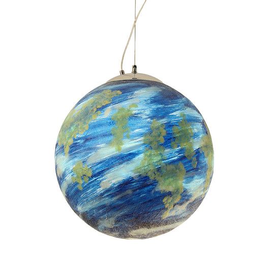 Kids Saturn/Earth Sphere Pendulum Light Blue/Yellow Glass Single-Bulb Bedroom Hanging Lamp, 8"/12"/16" Dia Clearhalo 'Ceiling Lights' 'Modern Pendants' 'Modern' 'Pendant Lights' 'Pendants' Lighting' 1937072