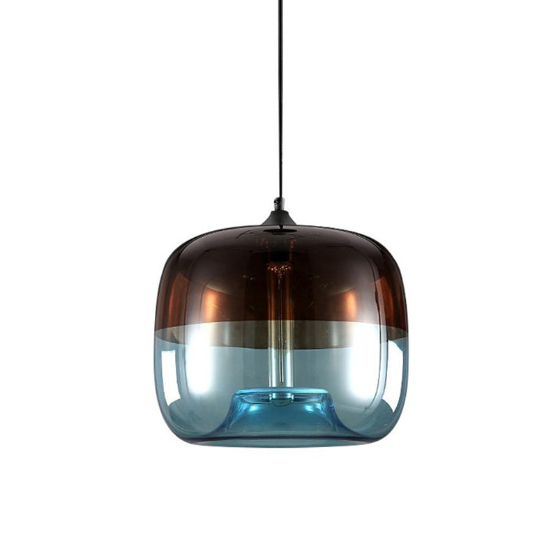 Drum Pendant Ceiling Light Postmodern Blue/Green-Brown Glass 1 Bulb Dining Room Suspension Lamp with Recessed Bottom Clearhalo 'Ceiling Lights' 'Glass shade' 'Glass' 'Modern Pendants' 'Modern' 'Pendant Lights' 'Pendants' Lighting' 1937102