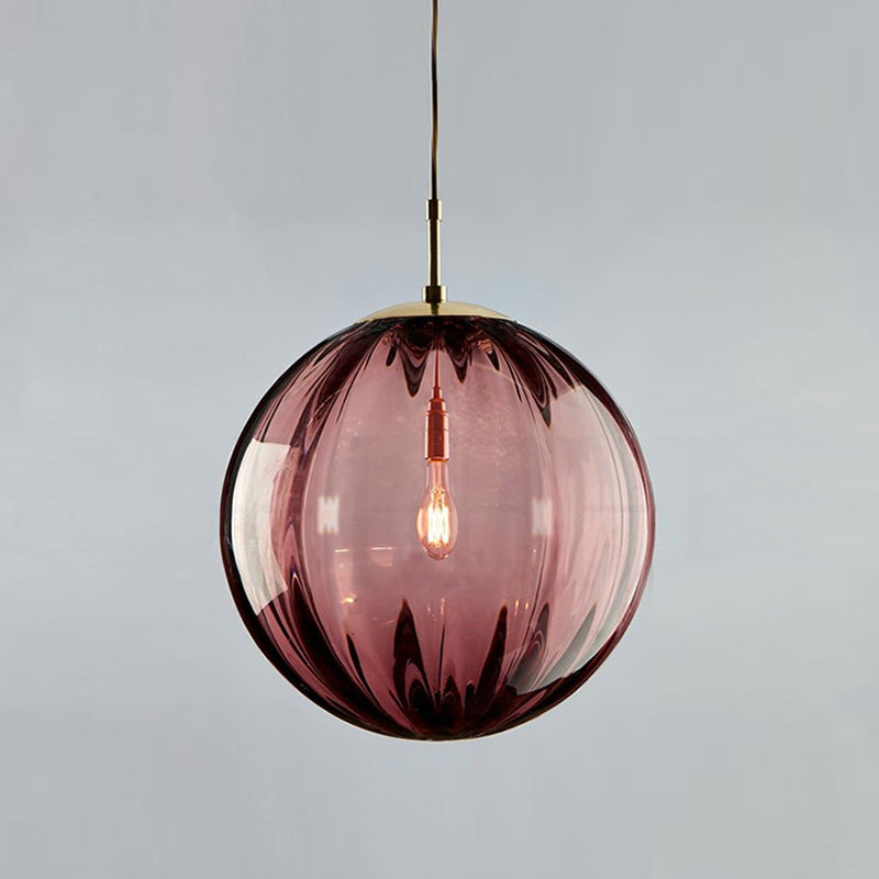 Globe Bedside Pendulum Light Blue/Smoke Grey/Purple Glass 1 Bulb Postmodern Ceiling Pendant Lamp in Black Clearhalo 'Ceiling Lights' 'Glass shade' 'Glass' 'Modern Pendants' 'Modern' 'Pendant Lights' 'Pendants' Lighting' 1937126