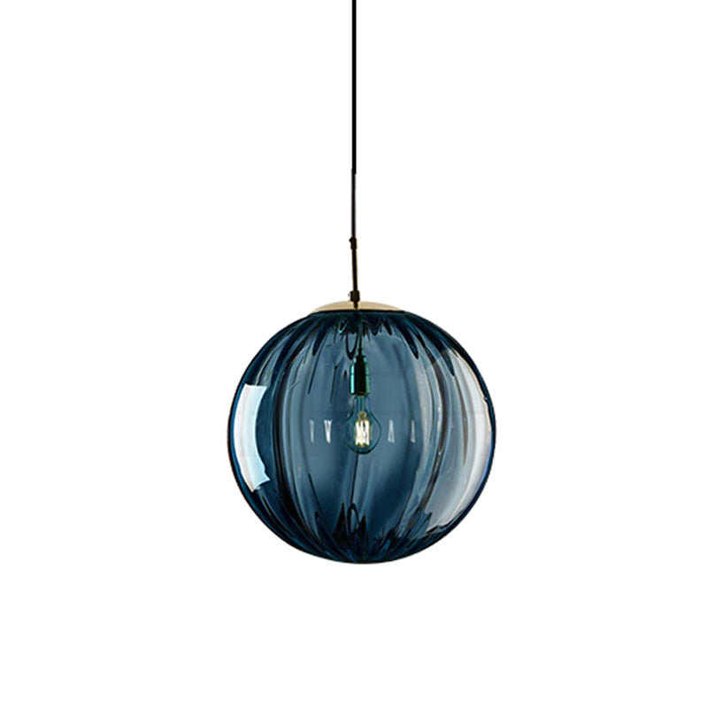 Globe Bedside Pendulum Light Blue/Smoke Grey/Purple Glass 1 Bulb Postmodern Ceiling Pendant Lamp in Black Clearhalo 'Ceiling Lights' 'Glass shade' 'Glass' 'Modern Pendants' 'Modern' 'Pendant Lights' 'Pendants' Lighting' 1937130