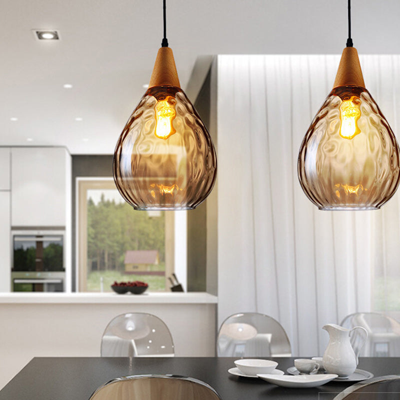 Wood Teardrop Pendant Light Fixture Modern 6"/8" Wide 1 Head Amber Water Glass Hanging Lamp for Restaurant Amber 8" Clearhalo 'Ceiling Lights' 'Glass shade' 'Glass' 'Modern Pendants' 'Modern' 'Pendant Lights' 'Pendants' Lighting' 1937145