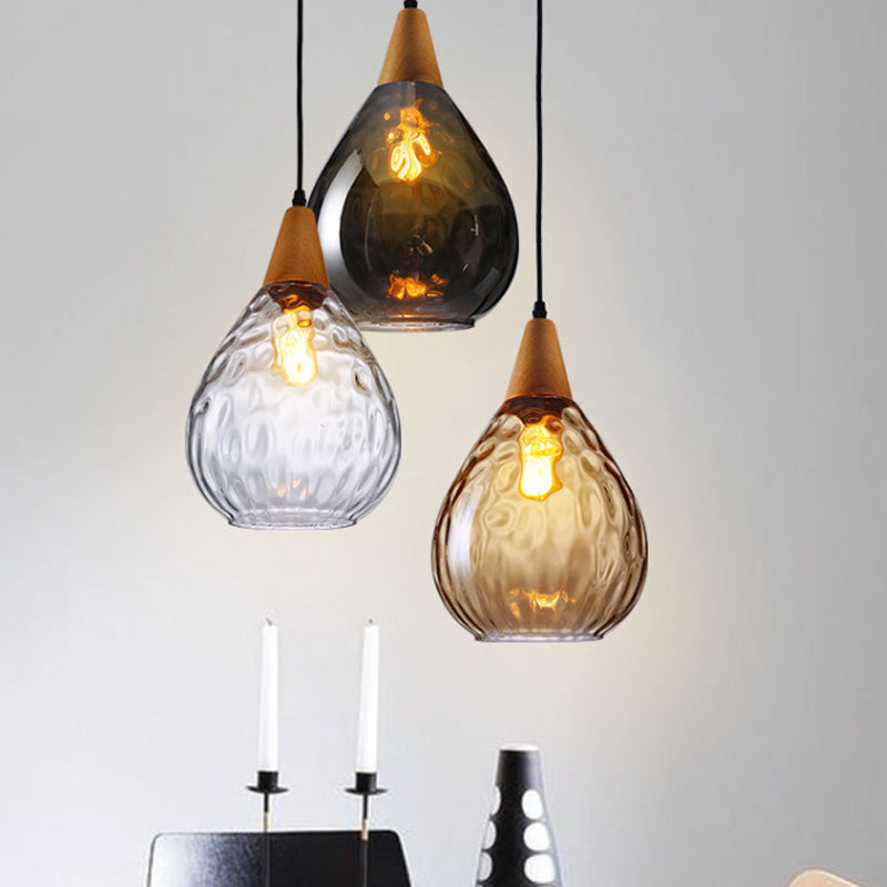 Wood Teardrop Pendant Light Fixture Modern 6"/8" Wide 1 Head Amber Water Glass Hanging Lamp for Restaurant Clearhalo 'Ceiling Lights' 'Glass shade' 'Glass' 'Modern Pendants' 'Modern' 'Pendant Lights' 'Pendants' Lighting' 1937146