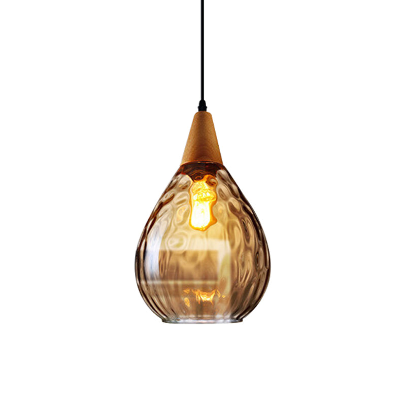 Wood Teardrop Pendant Light Fixture Modern 6"/8" Wide 1 Head Amber Water Glass Hanging Lamp for Restaurant Clearhalo 'Ceiling Lights' 'Glass shade' 'Glass' 'Modern Pendants' 'Modern' 'Pendant Lights' 'Pendants' Lighting' 1937147