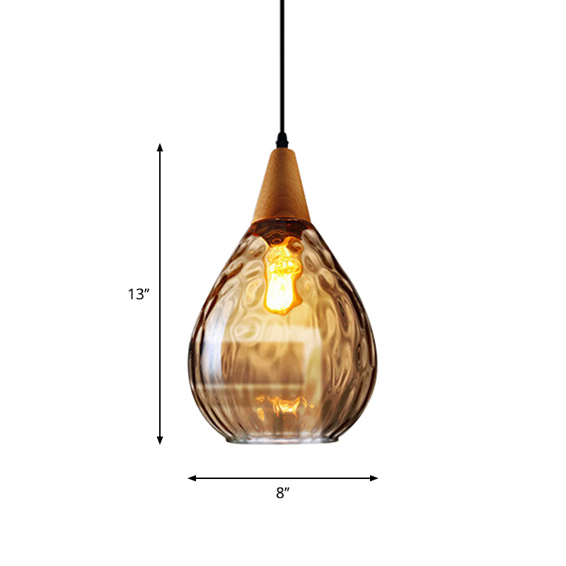 Wood Teardrop Pendant Light Fixture Modern 6"/8" Wide 1 Head Amber Water Glass Hanging Lamp for Restaurant Clearhalo 'Ceiling Lights' 'Glass shade' 'Glass' 'Modern Pendants' 'Modern' 'Pendant Lights' 'Pendants' Lighting' 1937148