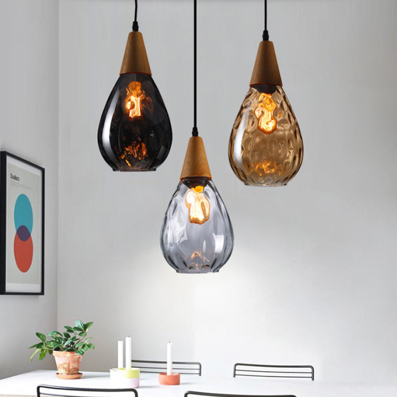 Wood Teardrop Pendant Light Fixture Modern 6"/8" Wide 1 Head Amber Water Glass Hanging Lamp for Restaurant Clearhalo 'Ceiling Lights' 'Glass shade' 'Glass' 'Modern Pendants' 'Modern' 'Pendant Lights' 'Pendants' Lighting' 1937151