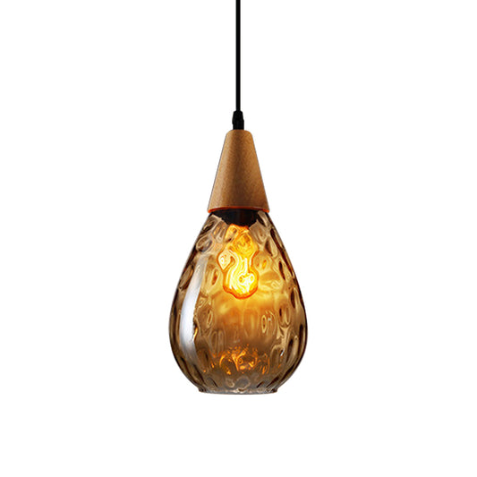 Wood Teardrop Pendant Light Fixture Modern 6"/8" Wide 1 Head Amber Water Glass Hanging Lamp for Restaurant Clearhalo 'Ceiling Lights' 'Glass shade' 'Glass' 'Modern Pendants' 'Modern' 'Pendant Lights' 'Pendants' Lighting' 1937152