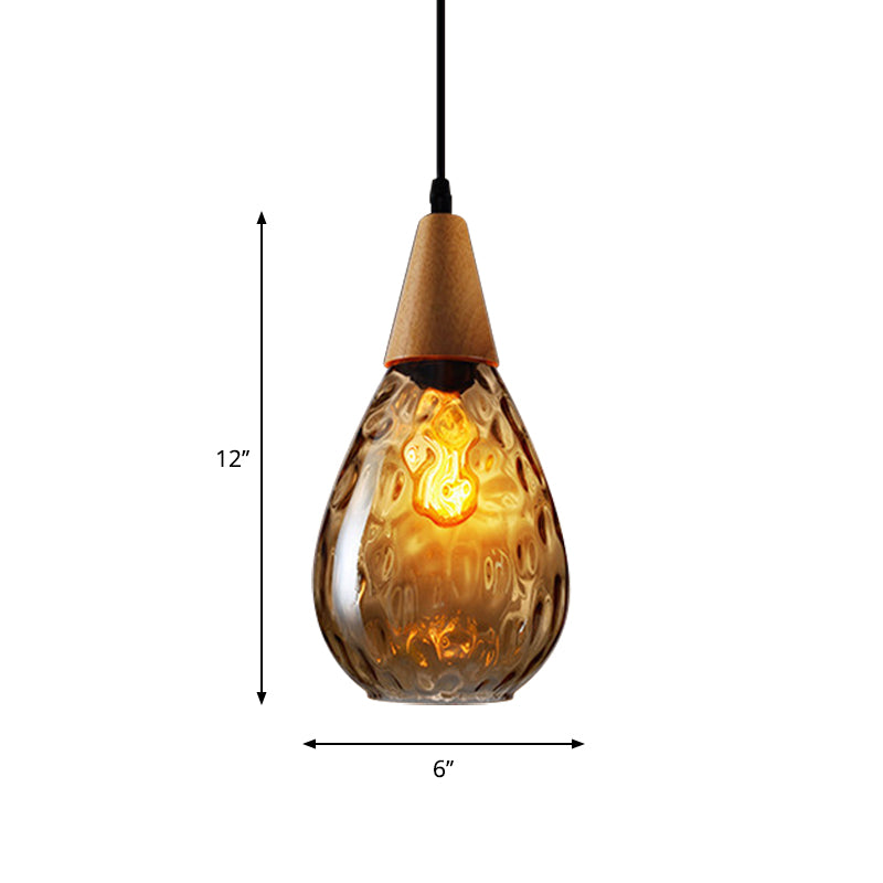 Wood Teardrop Pendant Light Fixture Modern 6"/8" Wide 1 Head Amber Water Glass Hanging Lamp for Restaurant Clearhalo 'Ceiling Lights' 'Glass shade' 'Glass' 'Modern Pendants' 'Modern' 'Pendant Lights' 'Pendants' Lighting' 1937153