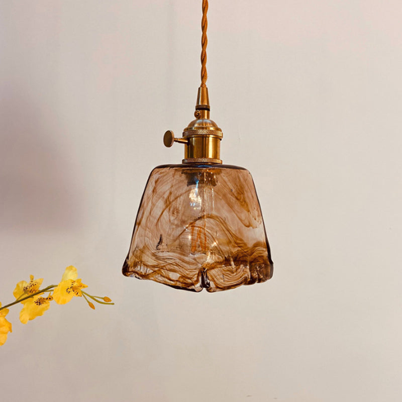 Trapezoid/Cone/Cuboid Hanging Light Modernist Amber Alabaster Glass 1 Light Brass Down Lighting Pendant for Dining Room Clearhalo 'Ceiling Lights' 'Glass shade' 'Glass' 'Modern Pendants' 'Modern' 'Pendant Lights' 'Pendants' Lighting' 1937155
