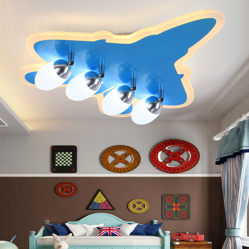 Cartoon Airplane Ceiling Fixture 4 Heads Wood Flush Mount Light in Blue for Boys Bedroom Blue Clearhalo 'Ceiling Lights' 'Close To Ceiling Lights' 'Close to ceiling' 'Flush mount' Lighting' 193717