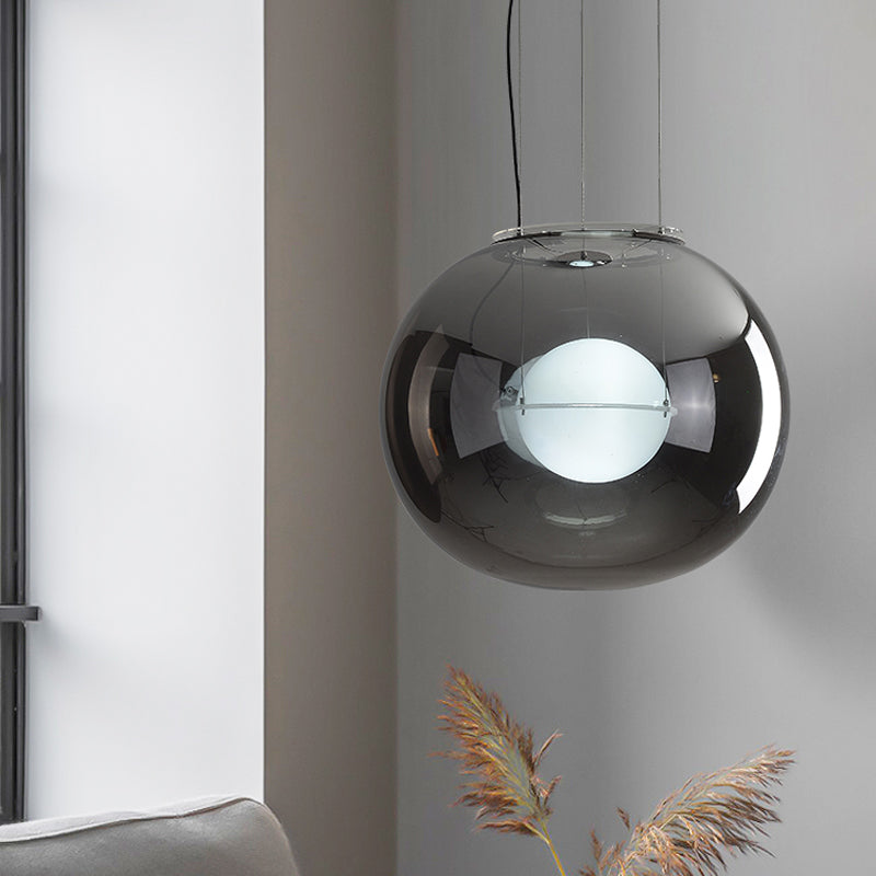 Postmodern Double Globe Hanging Light White/Red/Smoke Grey Glass 1 Bulb Kitchen Pendant Lamp with Exterior Acrylic Shade, 12"/16" W Smoke Gray Clearhalo 'Ceiling Lights' 'Glass shade' 'Glass' 'Modern Pendants' 'Modern' 'Pendant Lights' 'Pendants' Lighting' 1937261