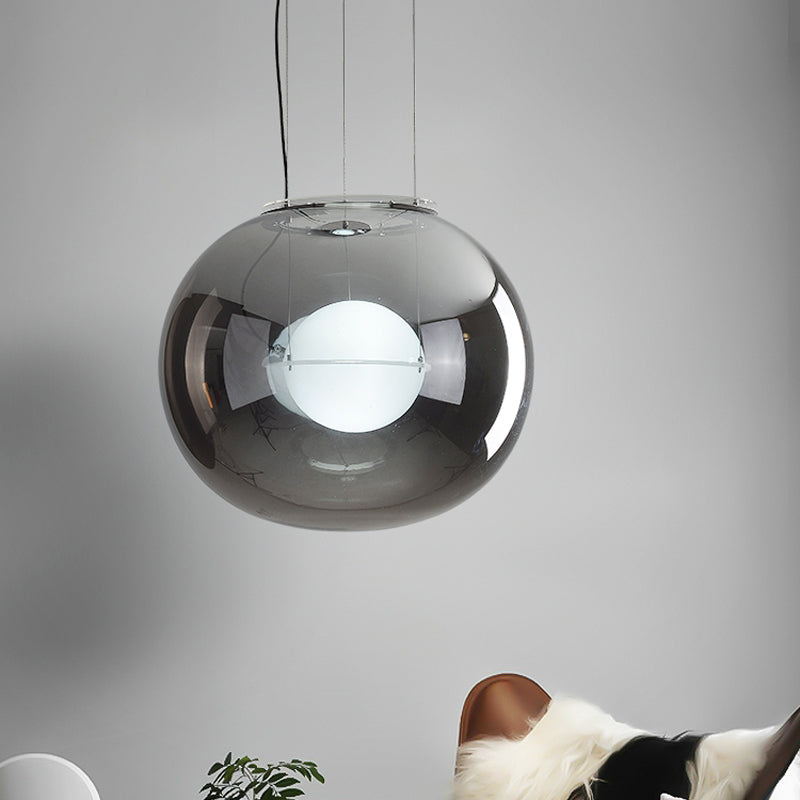 Postmodern Double Globe Hanging Light White/Red/Smoke Grey Glass 1 Bulb Kitchen Pendant Lamp with Exterior Acrylic Shade, 12"/16" W Clearhalo 'Ceiling Lights' 'Glass shade' 'Glass' 'Modern Pendants' 'Modern' 'Pendant Lights' 'Pendants' Lighting' 1937262