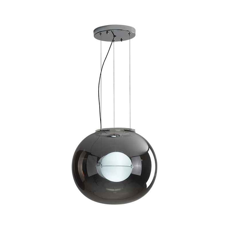 Postmodern Double Globe Hanging Light White/Red/Smoke Grey Glass 1 Bulb Kitchen Pendant Lamp with Exterior Acrylic Shade, 12"/16" W Clearhalo 'Ceiling Lights' 'Glass shade' 'Glass' 'Modern Pendants' 'Modern' 'Pendant Lights' 'Pendants' Lighting' 1937264