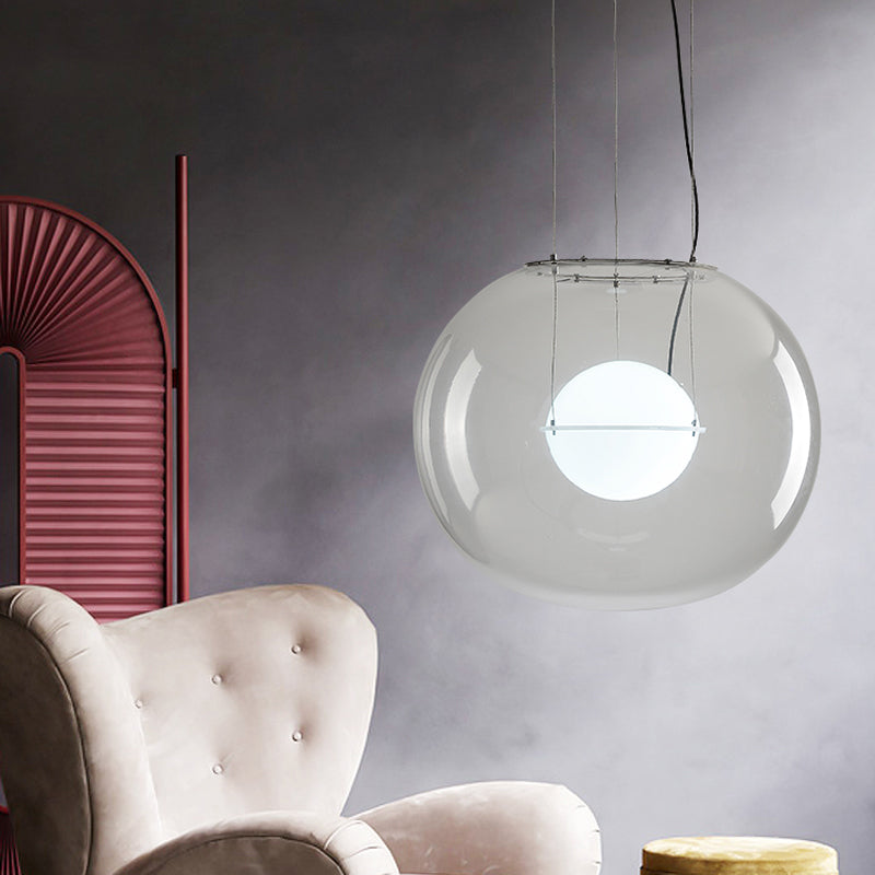 Postmodern Double Globe Hanging Light White/Red/Smoke Grey Glass 1 Bulb Kitchen Pendant Lamp with Exterior Acrylic Shade, 12"/16" W White Clearhalo 'Ceiling Lights' 'Glass shade' 'Glass' 'Modern Pendants' 'Modern' 'Pendant Lights' 'Pendants' Lighting' 1937267