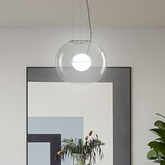 Postmodern Double Globe Hanging Light White/Red/Smoke Grey Glass 1 Bulb Kitchen Pendant Lamp with Exterior Acrylic Shade, 12"/16" W Clearhalo 'Ceiling Lights' 'Glass shade' 'Glass' 'Modern Pendants' 'Modern' 'Pendant Lights' 'Pendants' Lighting' 1937268