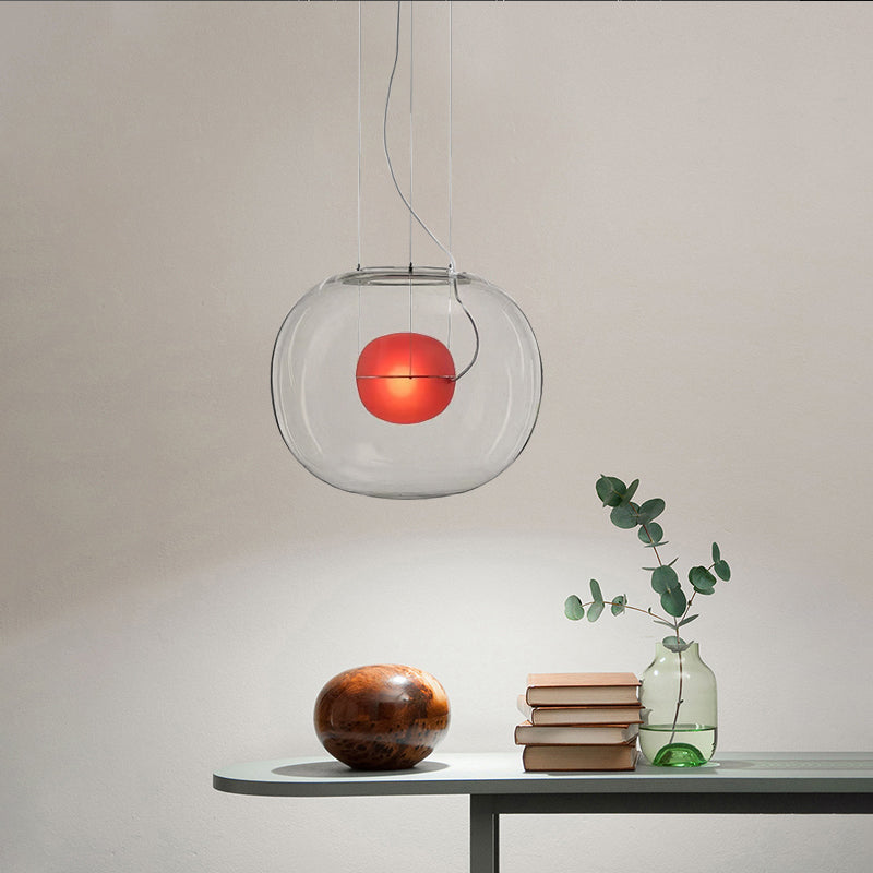 Postmodern Double Globe Hanging Light White/Red/Smoke Grey Glass 1 Bulb Kitchen Pendant Lamp with Exterior Acrylic Shade, 12"/16" W Red Clearhalo 'Ceiling Lights' 'Glass shade' 'Glass' 'Modern Pendants' 'Modern' 'Pendant Lights' 'Pendants' Lighting' 1937271