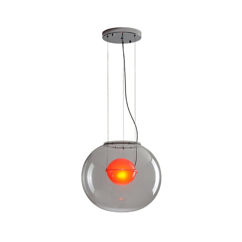 Postmodern Double Globe Hanging Light White/Red/Smoke Grey Glass 1 Bulb Kitchen Pendant Lamp with Exterior Acrylic Shade, 12"/16" W Clearhalo 'Ceiling Lights' 'Glass shade' 'Glass' 'Modern Pendants' 'Modern' 'Pendant Lights' 'Pendants' Lighting' 1937273