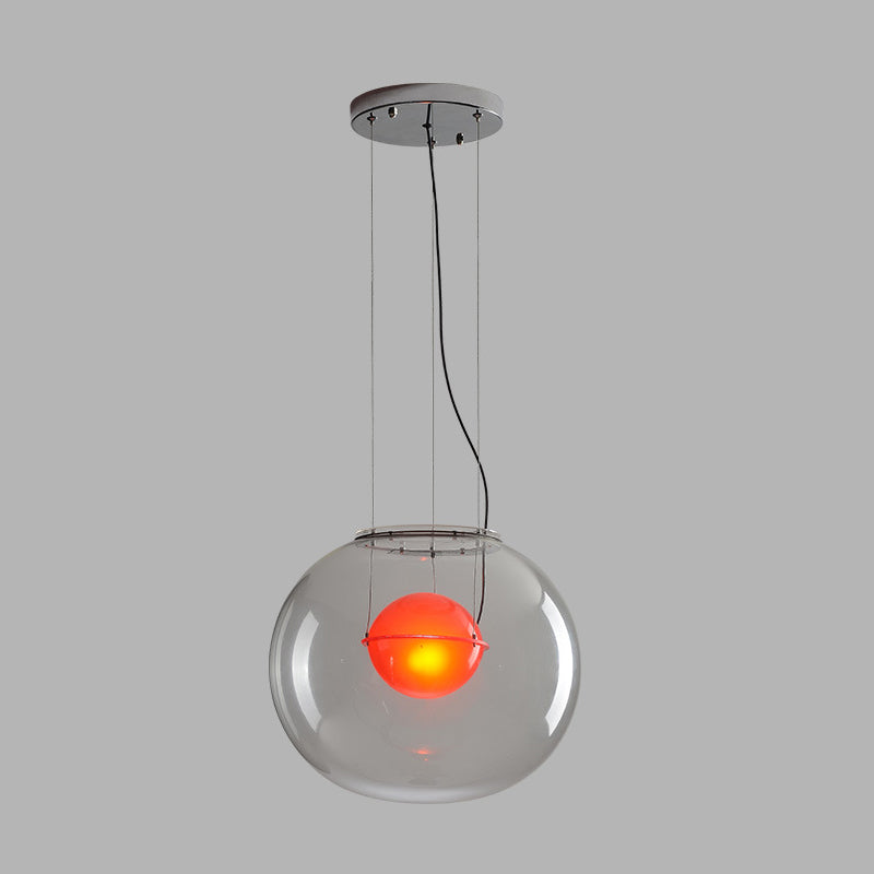 Postmodern Double Globe Hanging Light White/Red/Smoke Grey Glass 1 Bulb Kitchen Pendant Lamp with Exterior Acrylic Shade, 12"/16" W Clearhalo 'Ceiling Lights' 'Glass shade' 'Glass' 'Modern Pendants' 'Modern' 'Pendant Lights' 'Pendants' Lighting' 1937274