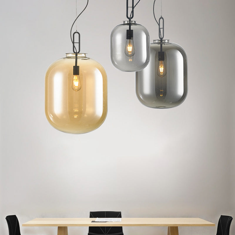 Black Ovale Ceiling Hang Light Modernism 1 Bulb Smoke Grey/Amber Glass Pendant Lighting Fixture, 9.5"/14"/17" W Clearhalo 'Ceiling Lights' 'Glass shade' 'Glass' 'Modern Pendants' 'Modern' 'Pendant Lights' 'Pendants' Lighting' 1937285