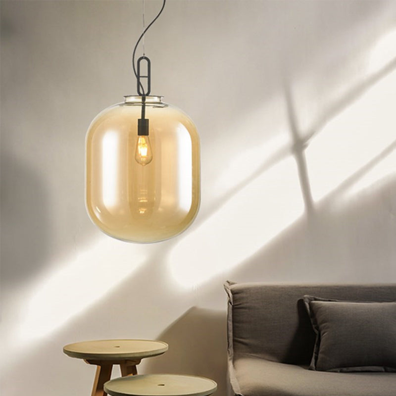 Black Ovale Ceiling Hang Light Modernism 1 Bulb Smoke Grey/Amber Glass Pendant Lighting Fixture, 9.5"/14"/17" W Amber Clearhalo 'Ceiling Lights' 'Glass shade' 'Glass' 'Modern Pendants' 'Modern' 'Pendant Lights' 'Pendants' Lighting' 1937286