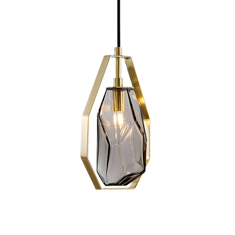 Gem Amber/Smoke Grey Glass Hanging Lamp Postmodernist 1 Light Brass Ceiling Pendant with Heptagon Frame Clearhalo 'Ceiling Lights' 'Glass shade' 'Glass' 'Modern Pendants' 'Modern' 'Pendant Lights' 'Pendants' Lighting' 1937308