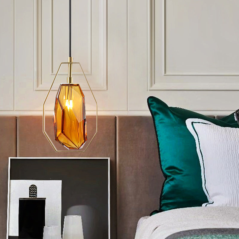 Gem Amber/Smoke Grey Glass Hanging Lamp Postmodernist 1 Light Brass Ceiling Pendant with Heptagon Frame Clearhalo 'Ceiling Lights' 'Glass shade' 'Glass' 'Modern Pendants' 'Modern' 'Pendant Lights' 'Pendants' Lighting' 1937311
