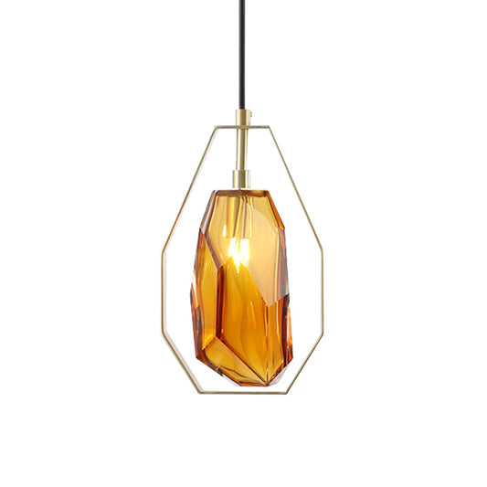 Gem Amber/Smoke Grey Glass Hanging Lamp Postmodernist 1 Light Brass Ceiling Pendant with Heptagon Frame Clearhalo 'Ceiling Lights' 'Glass shade' 'Glass' 'Modern Pendants' 'Modern' 'Pendant Lights' 'Pendants' Lighting' 1937313