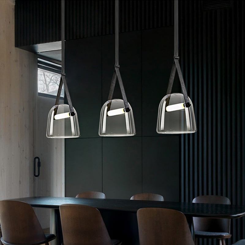 Cream/Smoke Grey Glass Cloche Pendant Postmodern 1 Bulb Black/Beige Hanging Ceiling Light with Buckle Strap Smoke Gray Clearhalo 'Ceiling Lights' 'Glass shade' 'Glass' 'Modern Pendants' 'Modern' 'Pendant Lights' 'Pendants' Lighting' 1937314