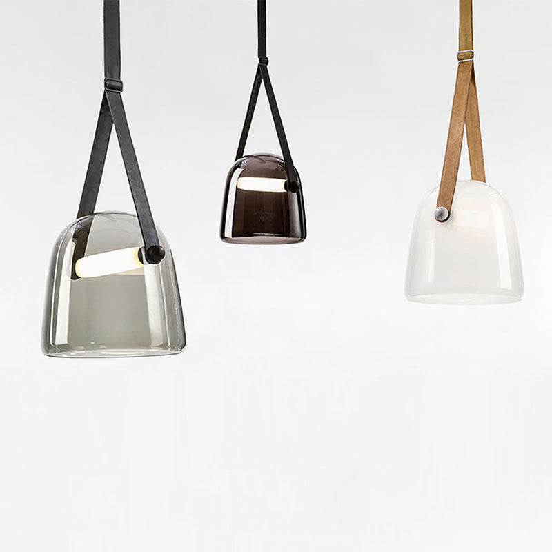 Cream/Smoke Grey Glass Cloche Pendant Postmodern 1 Bulb Black/Beige Hanging Ceiling Light with Buckle Strap Clearhalo 'Ceiling Lights' 'Glass shade' 'Glass' 'Modern Pendants' 'Modern' 'Pendant Lights' 'Pendants' Lighting' 1937315